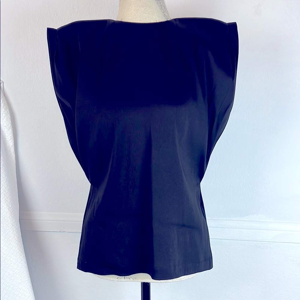 Lanvin Silk Black Blouse Padded shoulder sleeveless Sz. 40 Draped Sides 2012 Red